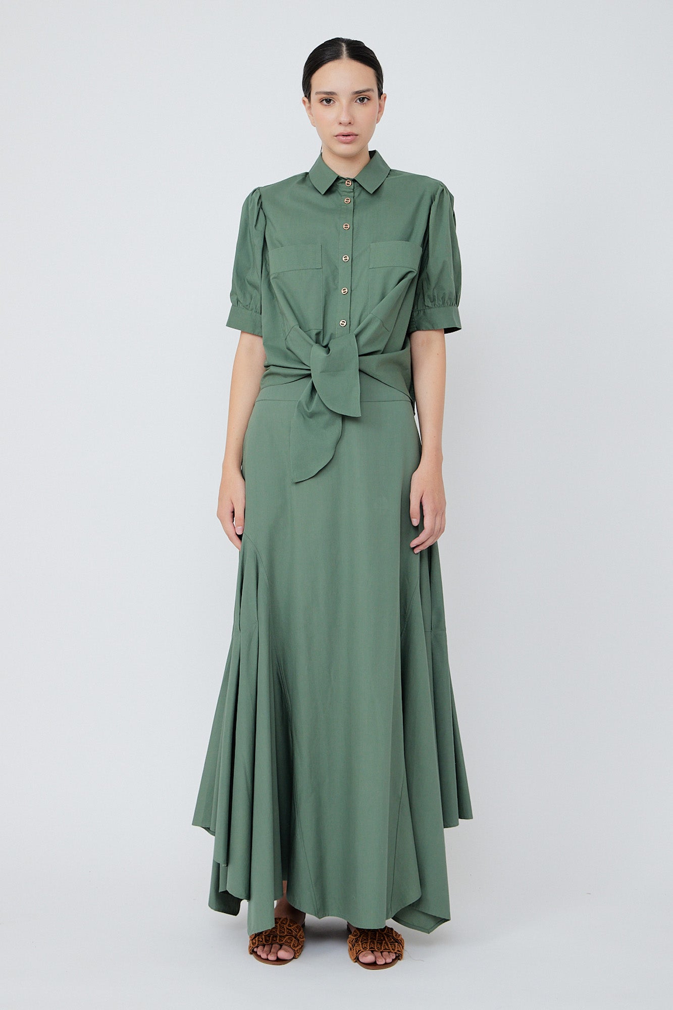 Sitka Semsch Women's Blouse, Cotton Blouse, Military Green, Size XL, Cotton, Bubble Sleeves, Front Pocket, Tie Waist, Shirt Collar, Copper Buttons,