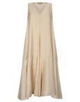 Front view of the Lenox Dress in Vanilla, showcasing its V-neckline and flowing godet skirt.