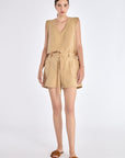 Lira Short in Camel – Linen mid-rise shorts with patch pockets, belt with metal tips, and tone-on-tone trims.