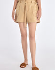 Lira Short in Camel – Linen mid-rise shorts with patch pockets, belt with metal tips, and tone-on-tone trims.