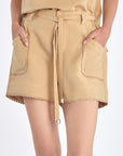 Lira Short in Camel – Linen mid-rise shorts with patch pockets, belt with metal tips, and tone-on-tone trims.