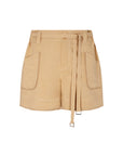 Lira Short in Camel – Linen mid-rise shorts with patch pockets, belt with metal tips, and tone-on-tone trims.