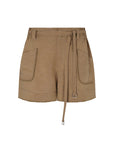 Lira Short in Taupe – Chic mid-rise linen shorts with elasticated waistband, metal-tipped belt, and patch pocket detailing.