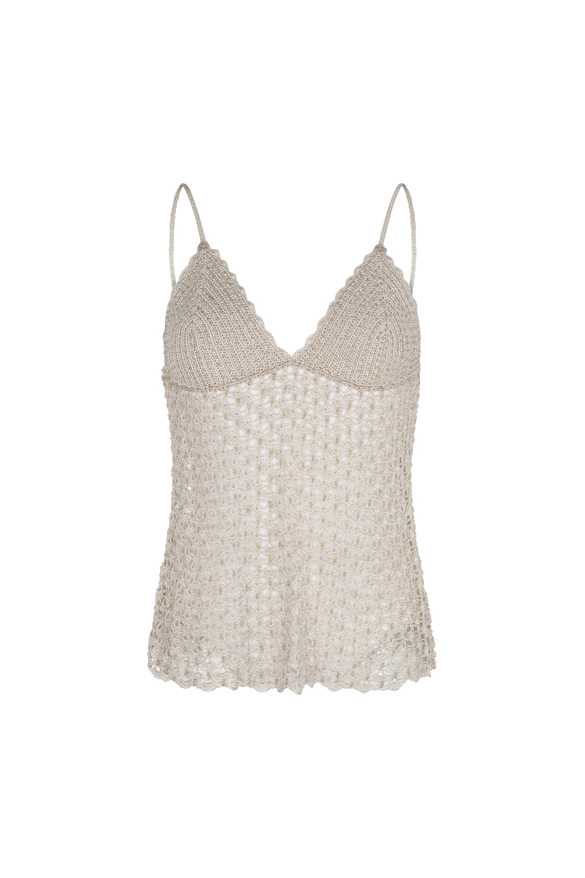 Liz Top in Beige – Handwoven crochet halter top with beaded embroidery and adjustable ties.