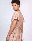 Liz Top in Blush – Handwoven crochet top with beaded embroidery and open-back design.