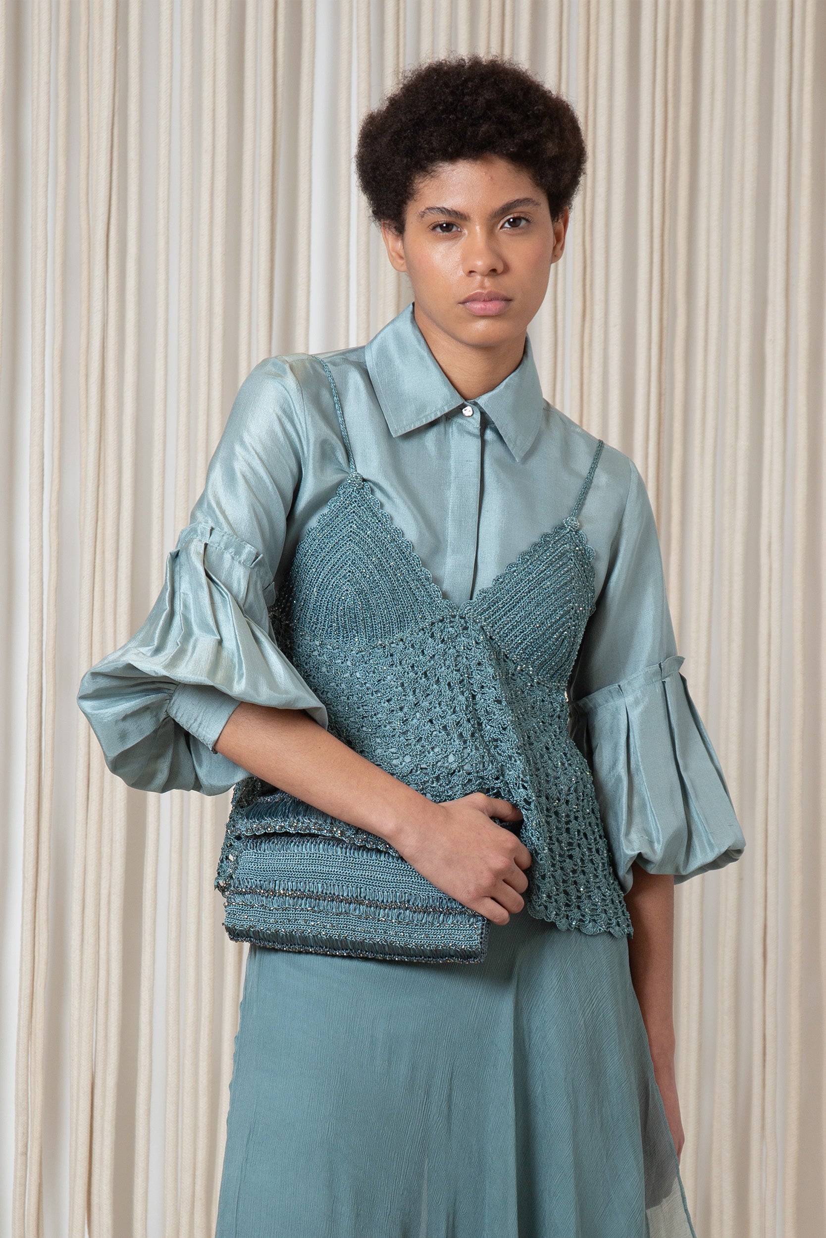 Liz Top in Dark Green – Handwoven crochet halter top with intricate beaded embroidery and open-back ties.
