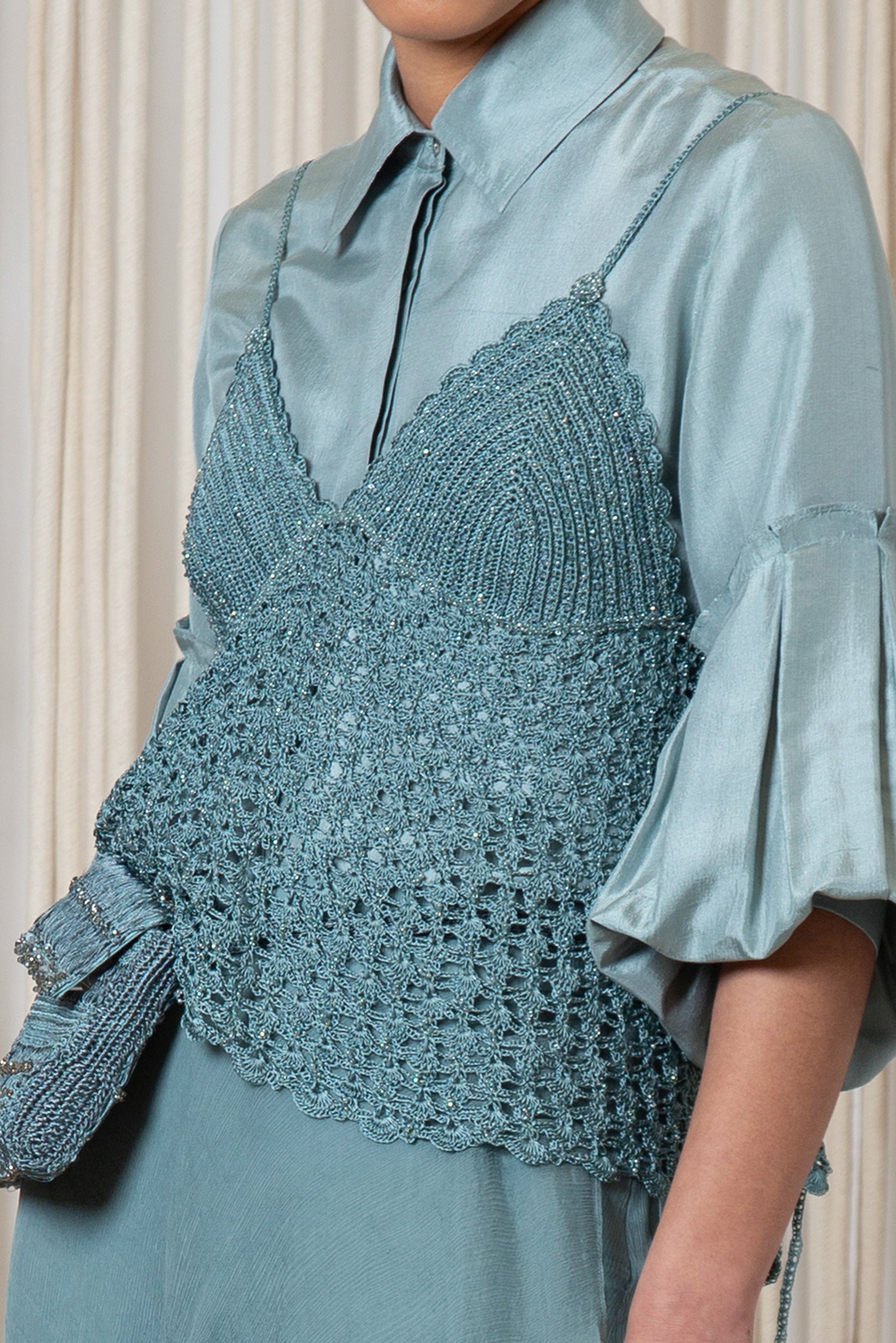 Liz Top in Dark Green – Handwoven crochet halter top with intricate beaded embroidery and open-back ties.