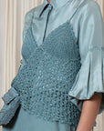 Liz Top in Dark Green – Handwoven crochet halter top with intricate beaded embroidery and open-back ties.