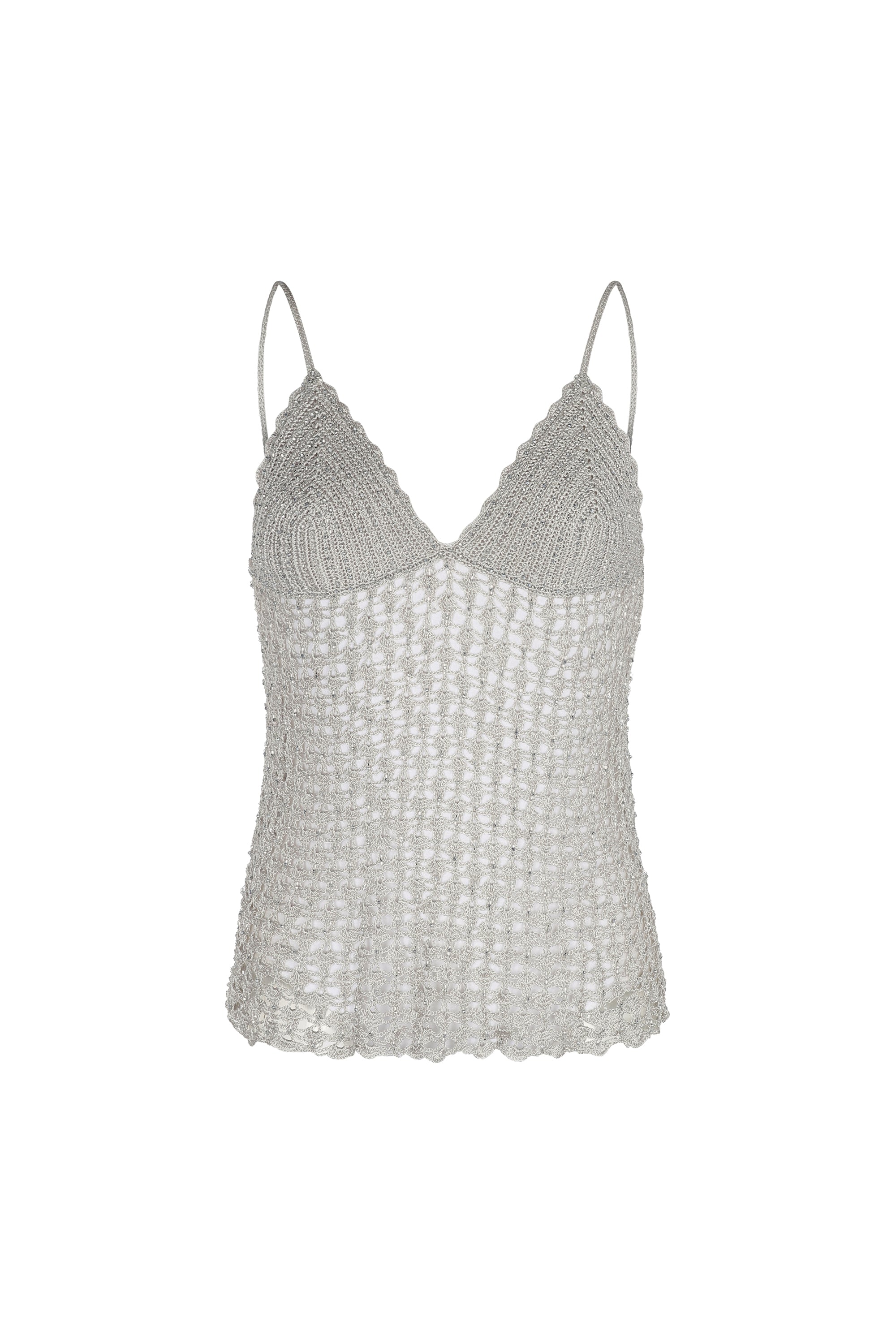 Liz Top in Silver – Handwoven crochet halter top with intricate beaded embroidery and open-back silhouette.
