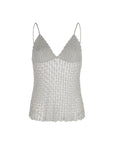 Liz Top in Silver – Handwoven crochet halter top with intricate beaded embroidery and open-back silhouette.