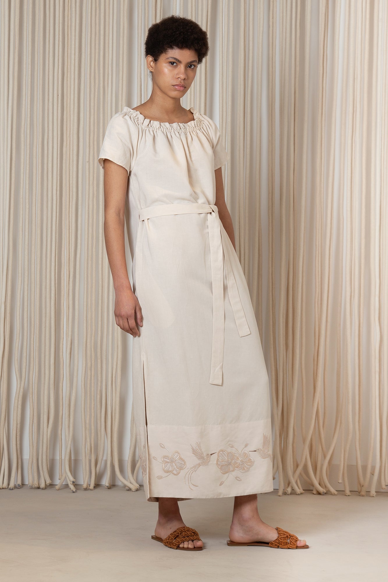 Logan Dress in Ecru – Hand-Embroidered Midi Dress with Bateau Neckline