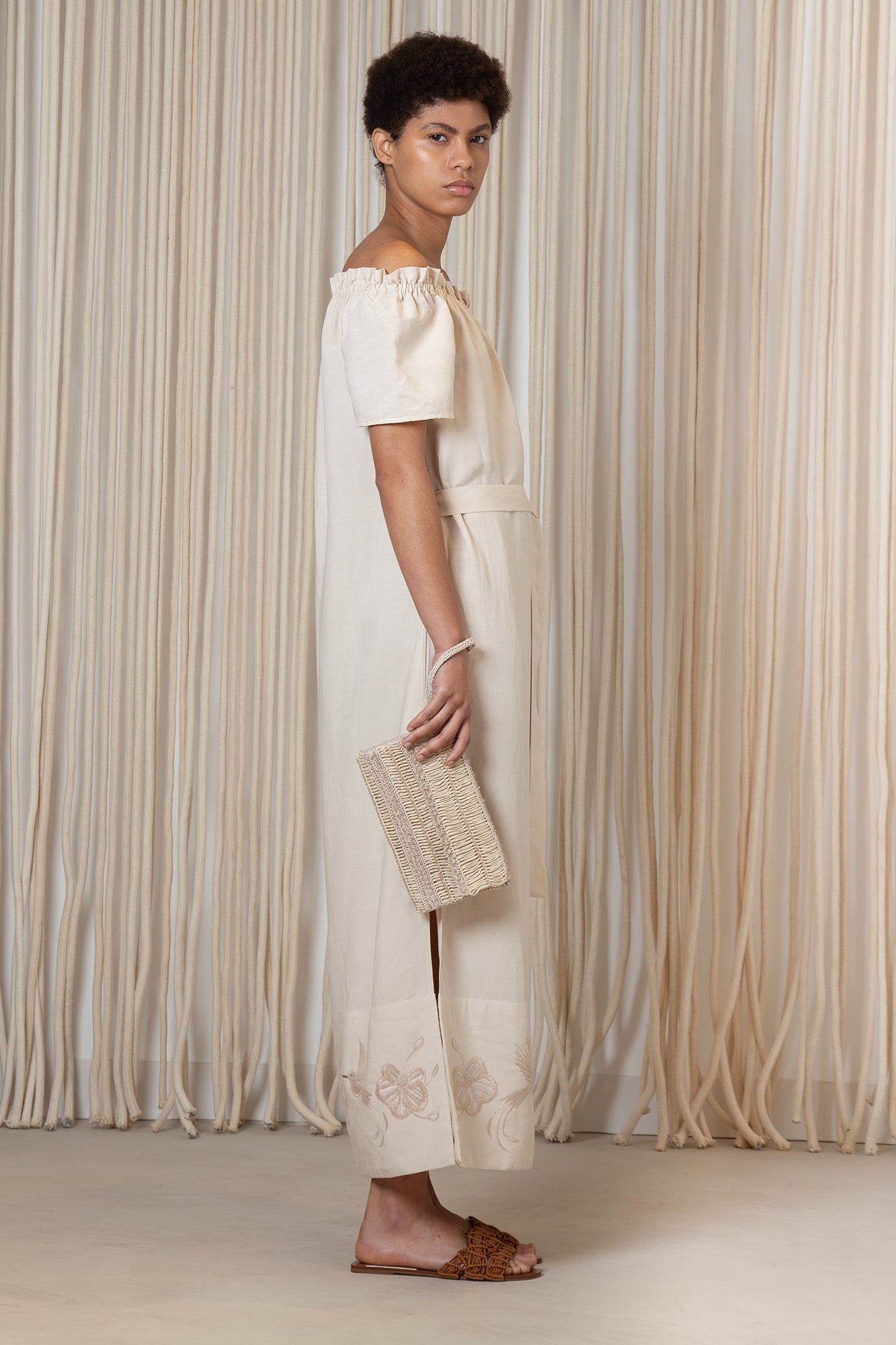 Logan Dress in Ecru – Hand-Embroidered Midi Dress with Bateau Neckline