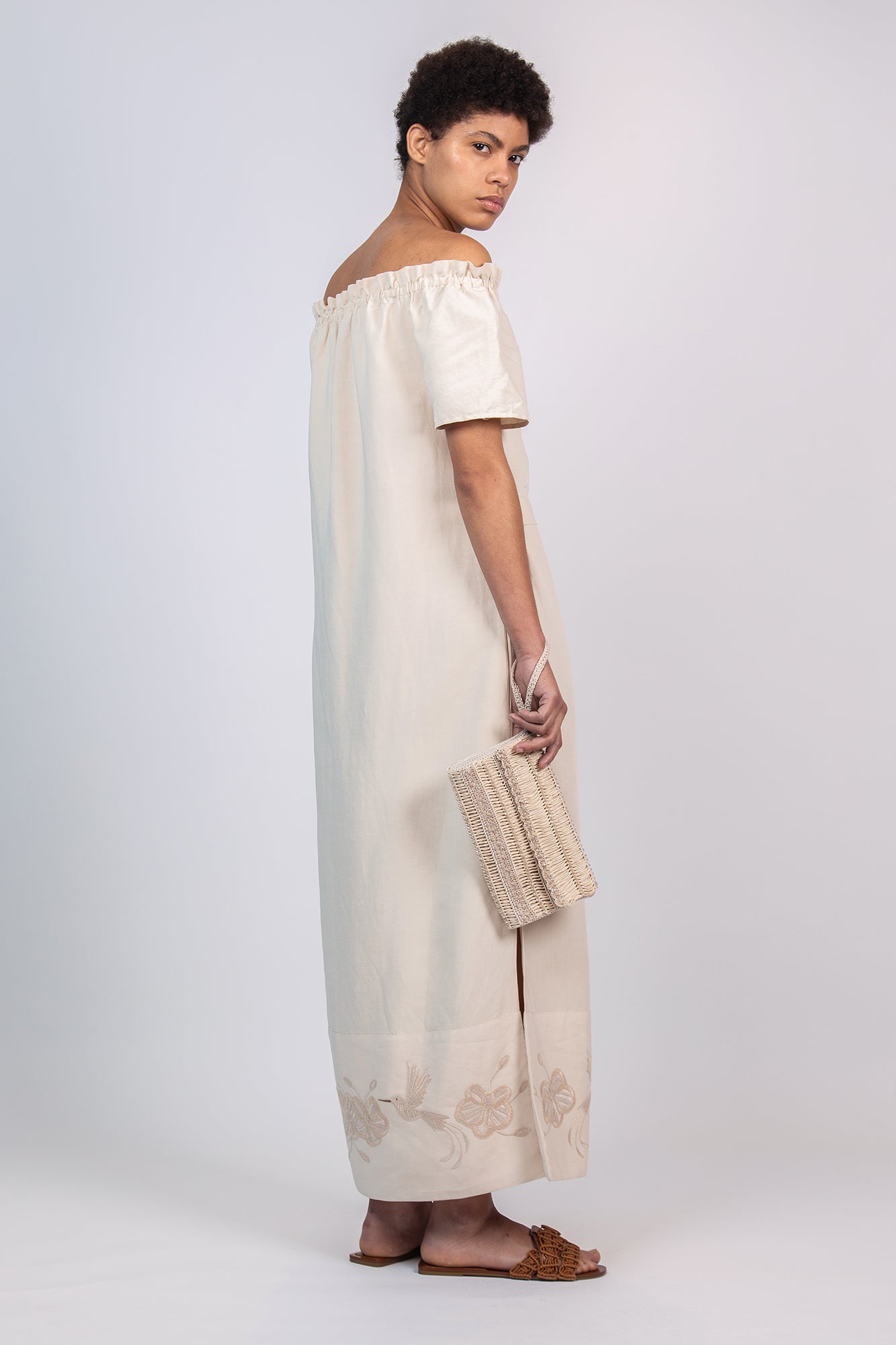 Logan Dress in Ecru – Hand-Embroidered Midi Dress with Bateau Neckline
