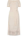 Logan Dress in Ecru – Hand-Embroidered Midi Dress with Bateau Neckline