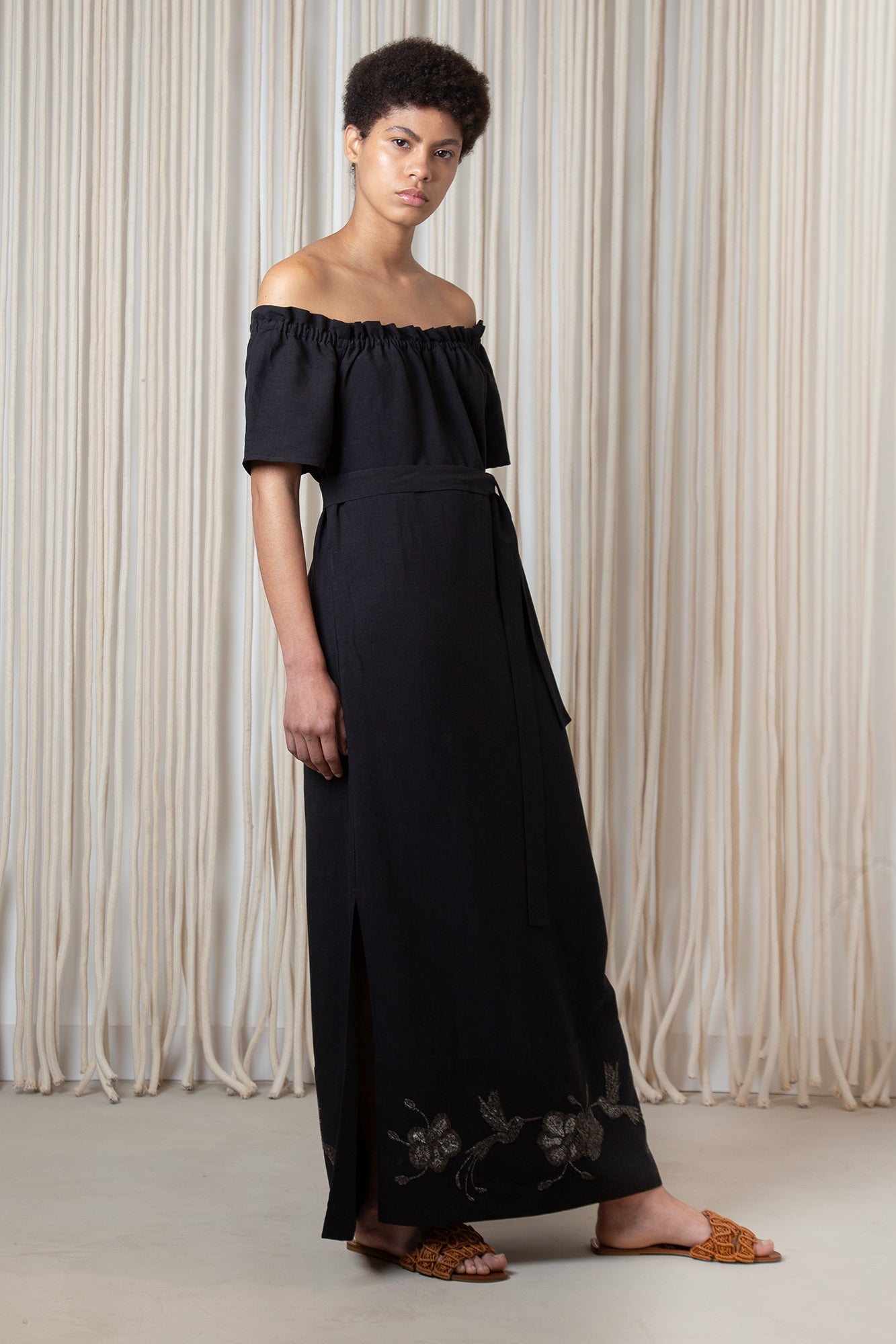 Logan Dress in Black – Hand-Embroidered Midi Dress with Bateau Neckline