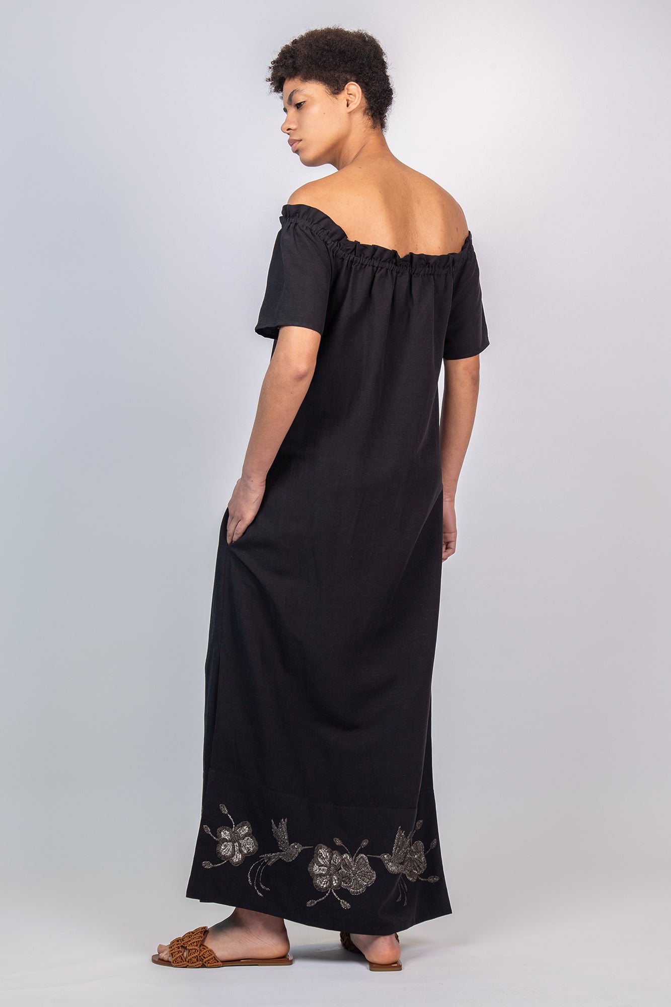 Logan Dress in Black – Hand-Embroidered Midi Dress with Bateau Neckline