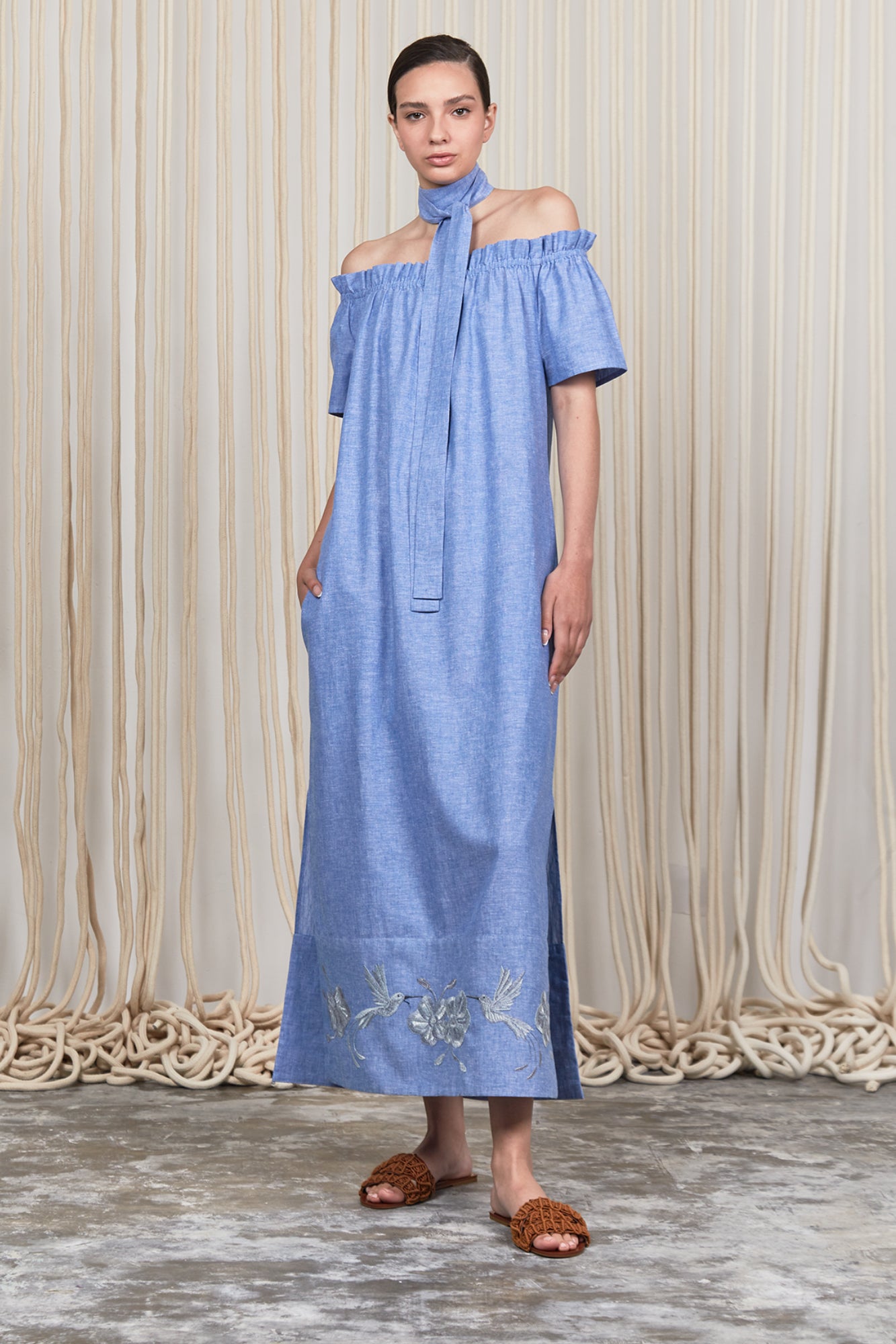 Logan Dress – Hand-Embroidered Midi Dress with Bateau Neckline