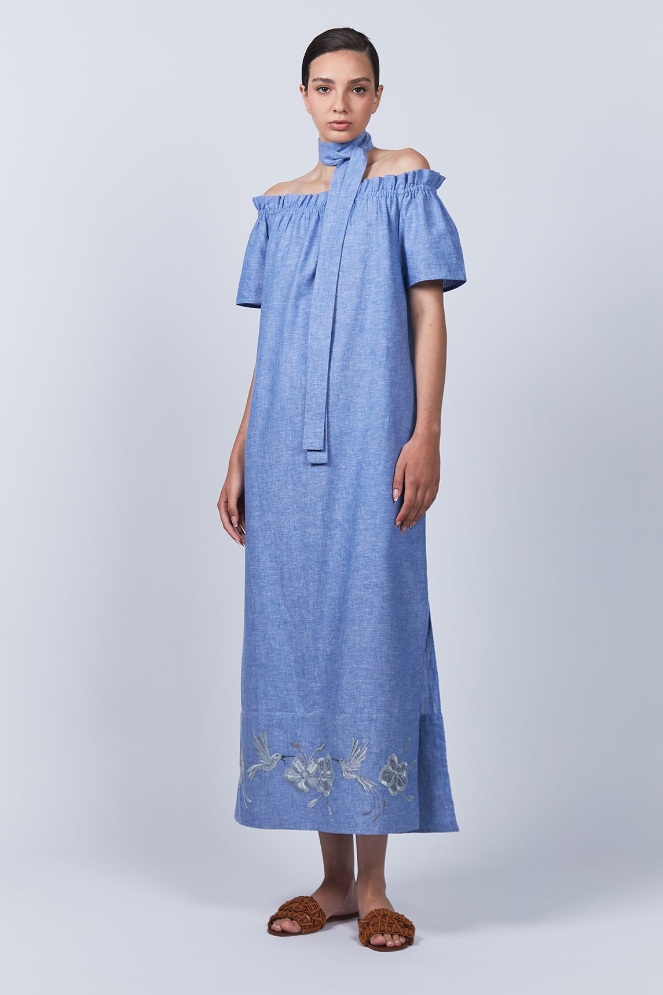 Logan Dress – Hand-Embroidered Midi Dress with Bateau Neckline