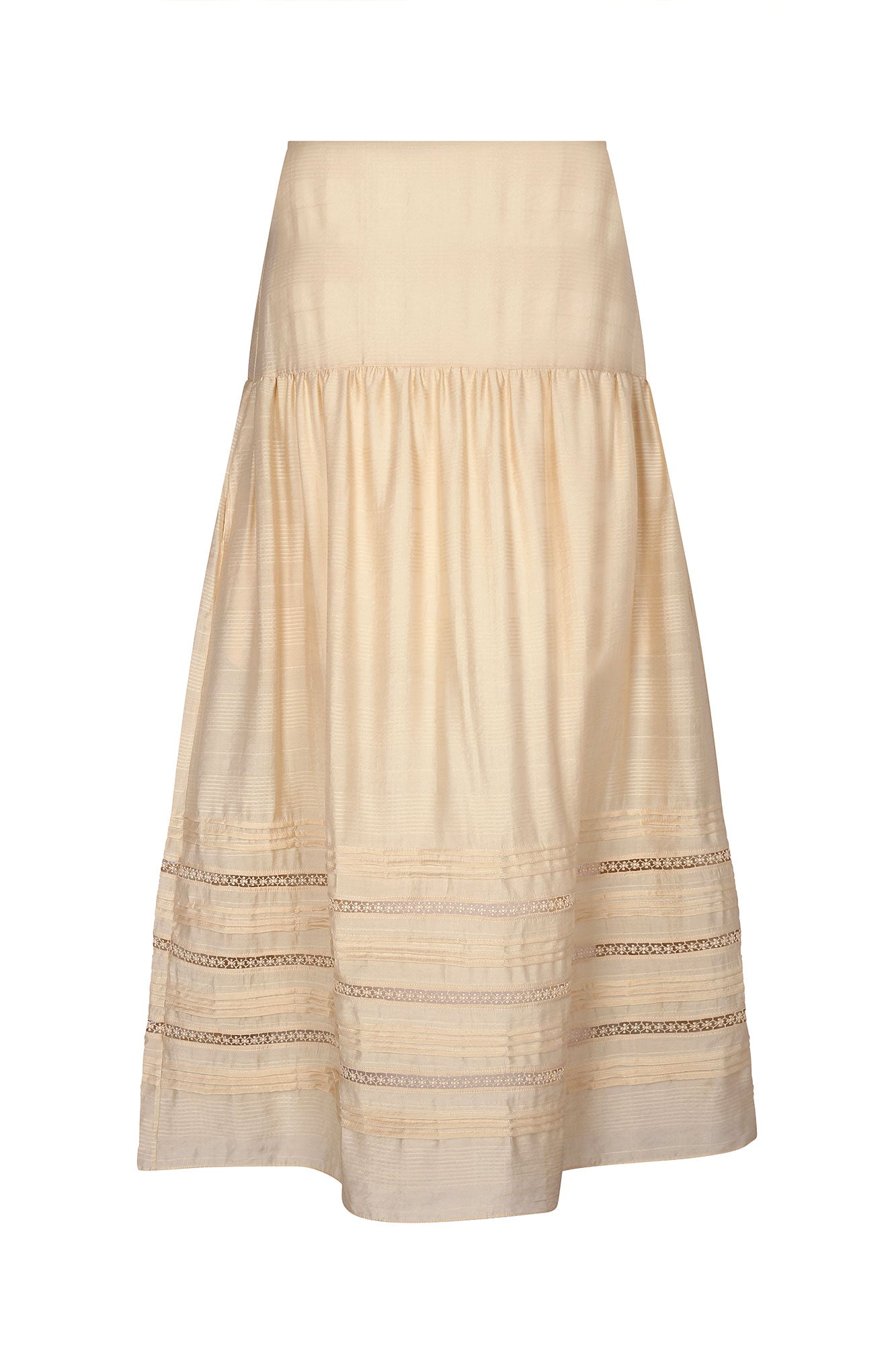 Front view of the Luanda Skirt in Vanilla, showcasing its high-waist and fluid midi silhouette.