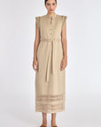 The Maki Dress in a natural Ecru, featuring its unique Nehru collar and self-fabric belt.