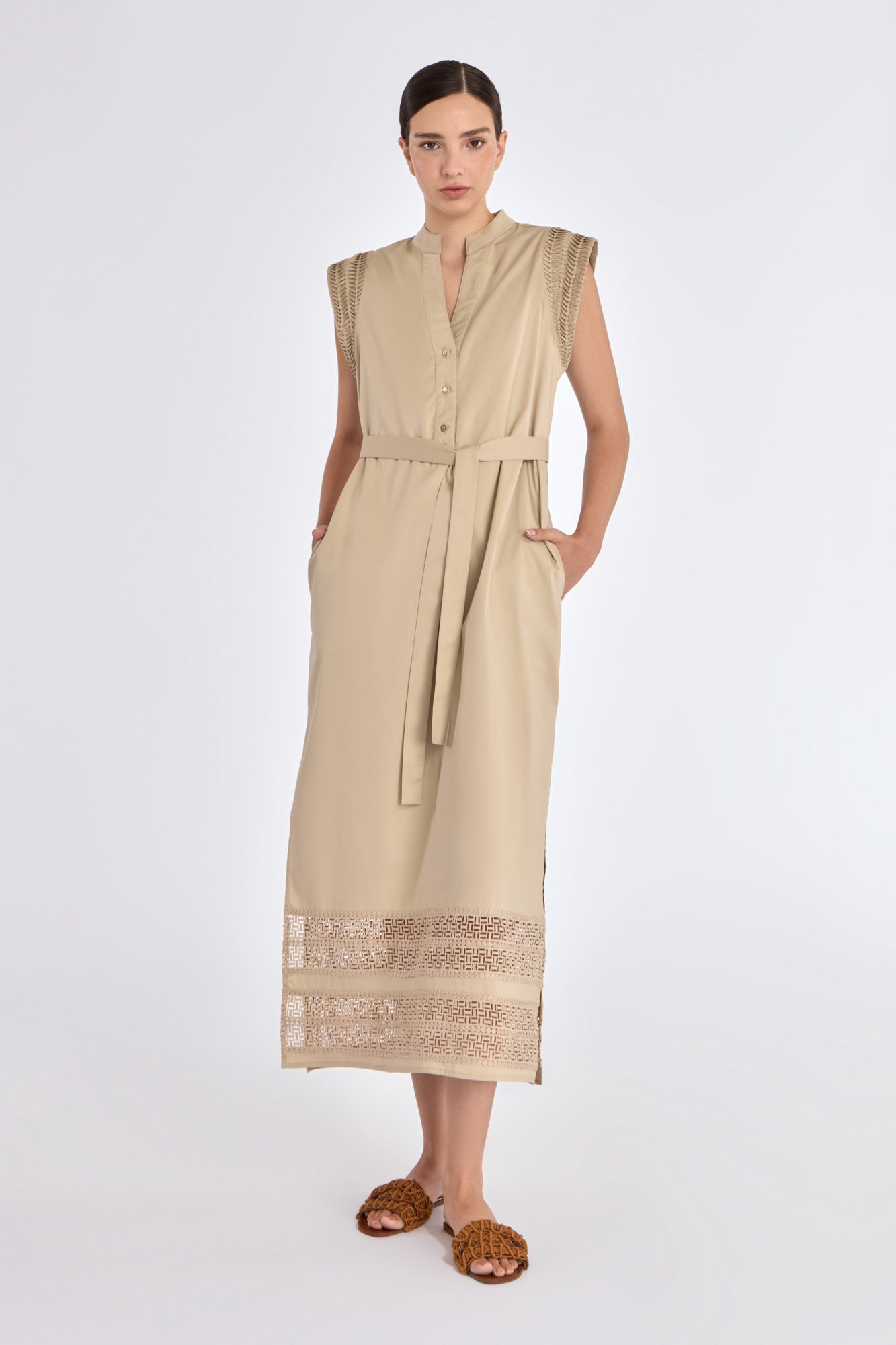 The Maki Dress in a natural Ecru, featuring its unique Nehru collar and self-fabric belt.