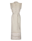 The Maki Dress in a natural Ecru, featuring its unique Nehru collar and self-fabric belt.