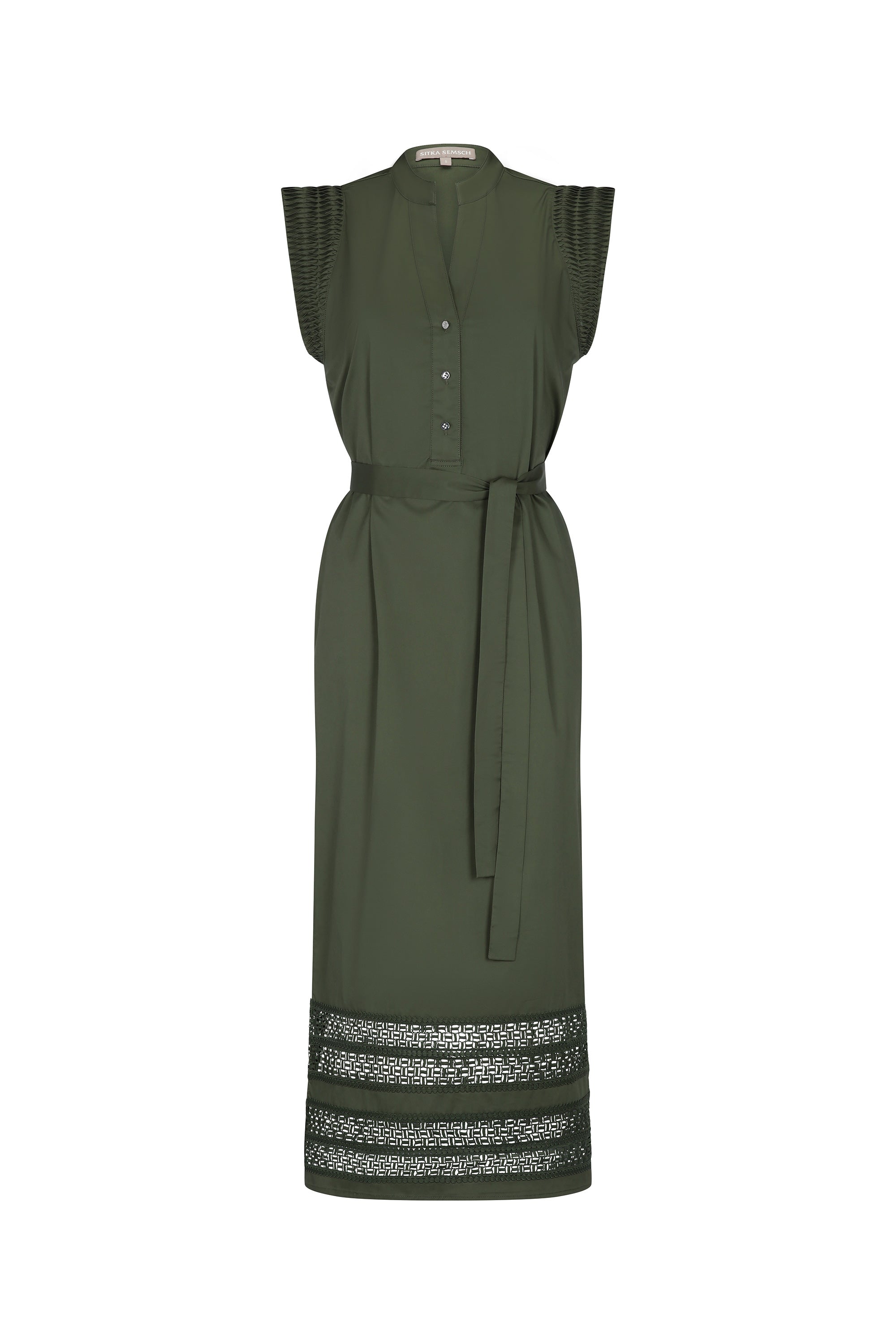 Front view of the Maki Dress in Olive, showcasing its Nehru collar and belted waist.