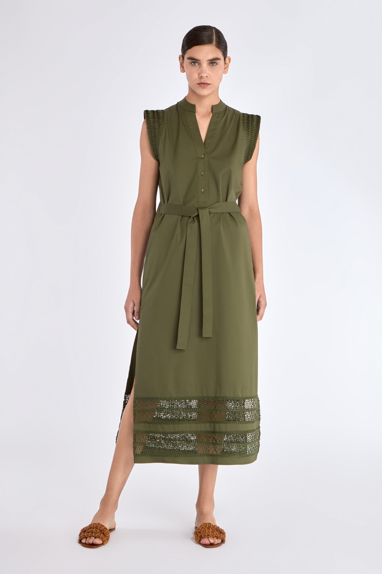 Front view of the Maki Dress in Olive, showcasing its Nehru collar and belted waist.