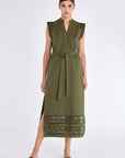 Front view of the Maki Dress in Olive, showcasing its Nehru collar and belted waist.