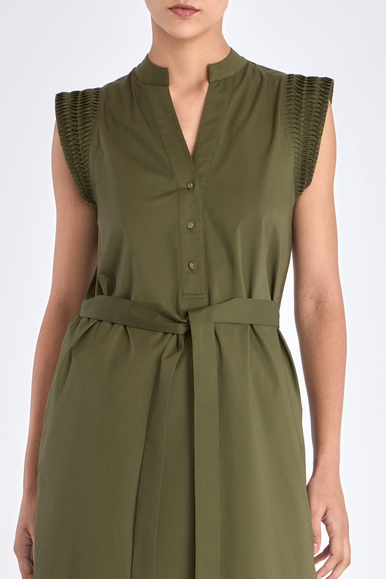 Front view of the Maki Dress in Olive, showcasing its Nehru collar and belted waist.