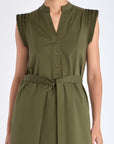 Front view of the Maki Dress in Olive, showcasing its Nehru collar and belted waist.