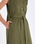 Close-up of the metal button and Nehru collar detail on the Olive Maki Dress.