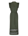 Front view of the Maki Dress in Olive, showcasing its Nehru collar and belted waist.