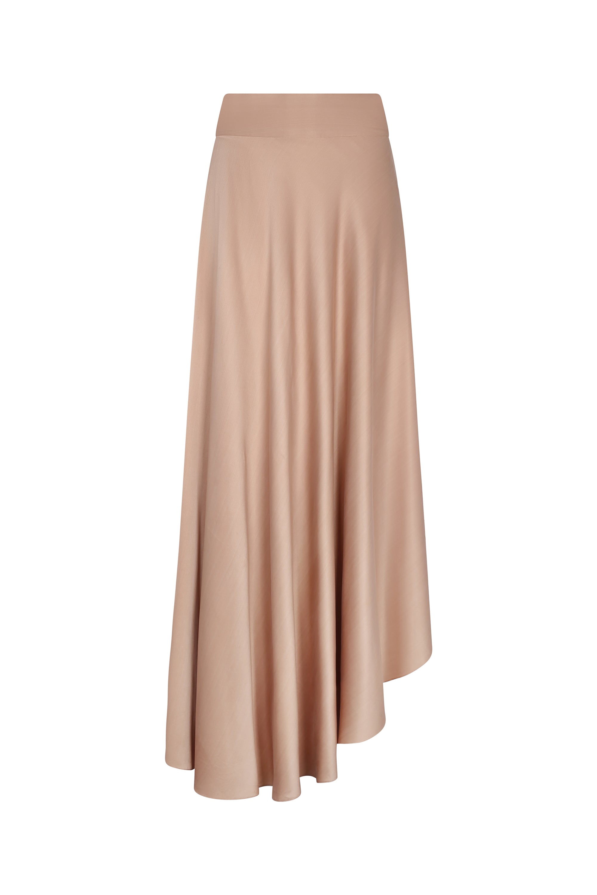 Mariani Skirt in Blush – Flowing asymmetrical silk maxi skirt with wide waistband.