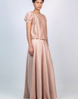Mariani Skirt in Blush – Flowing asymmetrical silk maxi skirt with wide waistband.