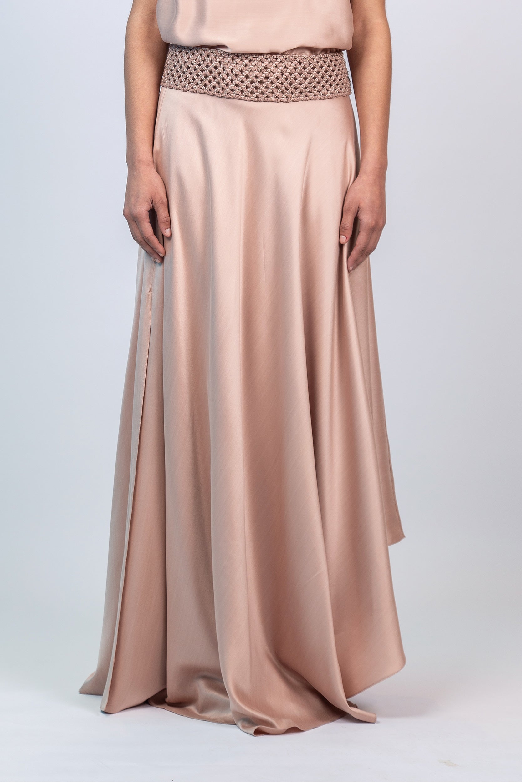 Mariani Skirt in Blush – Flowing asymmetrical silk maxi skirt with wide waistband.