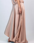 Mariani Skirt in Blush – Flowing asymmetrical silk maxi skirt with wide waistband.
