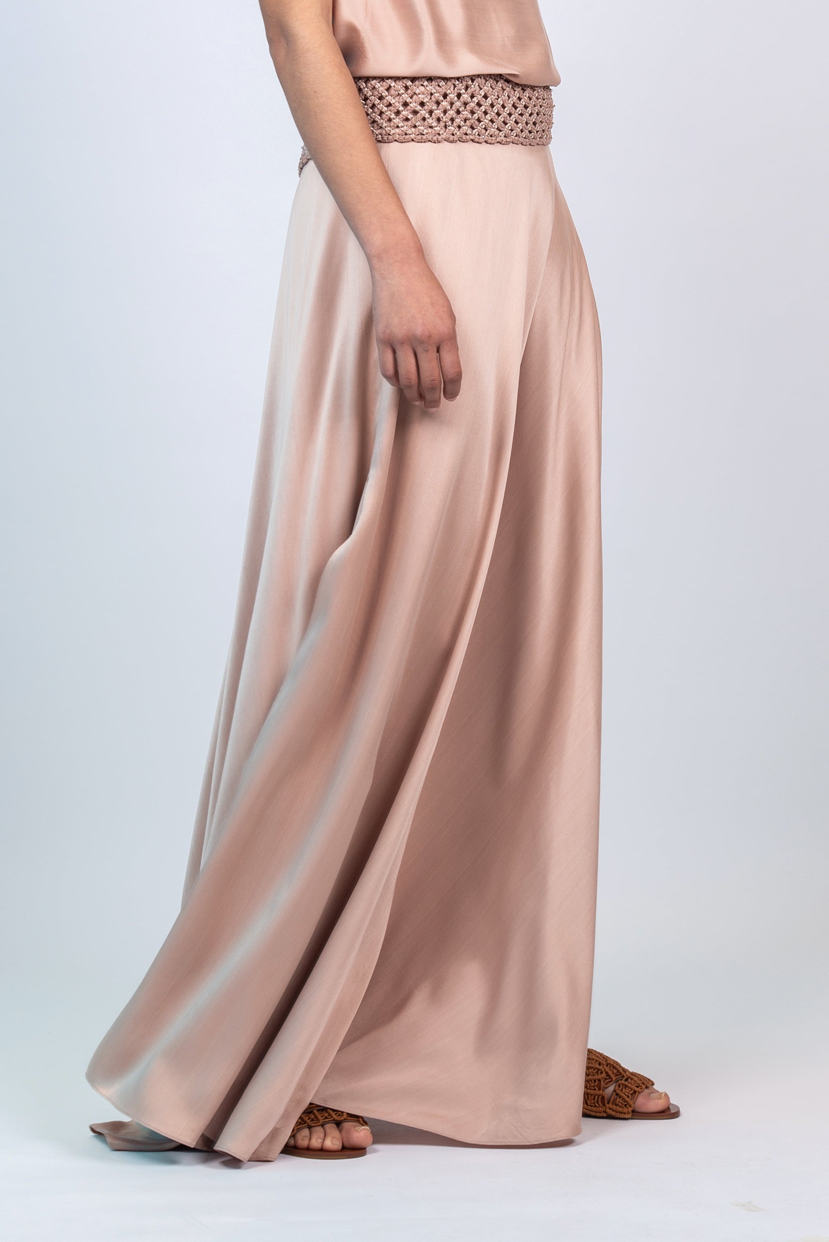 Mariani Skirt in Blush – Flowing asymmetrical silk maxi skirt with wide waistband.