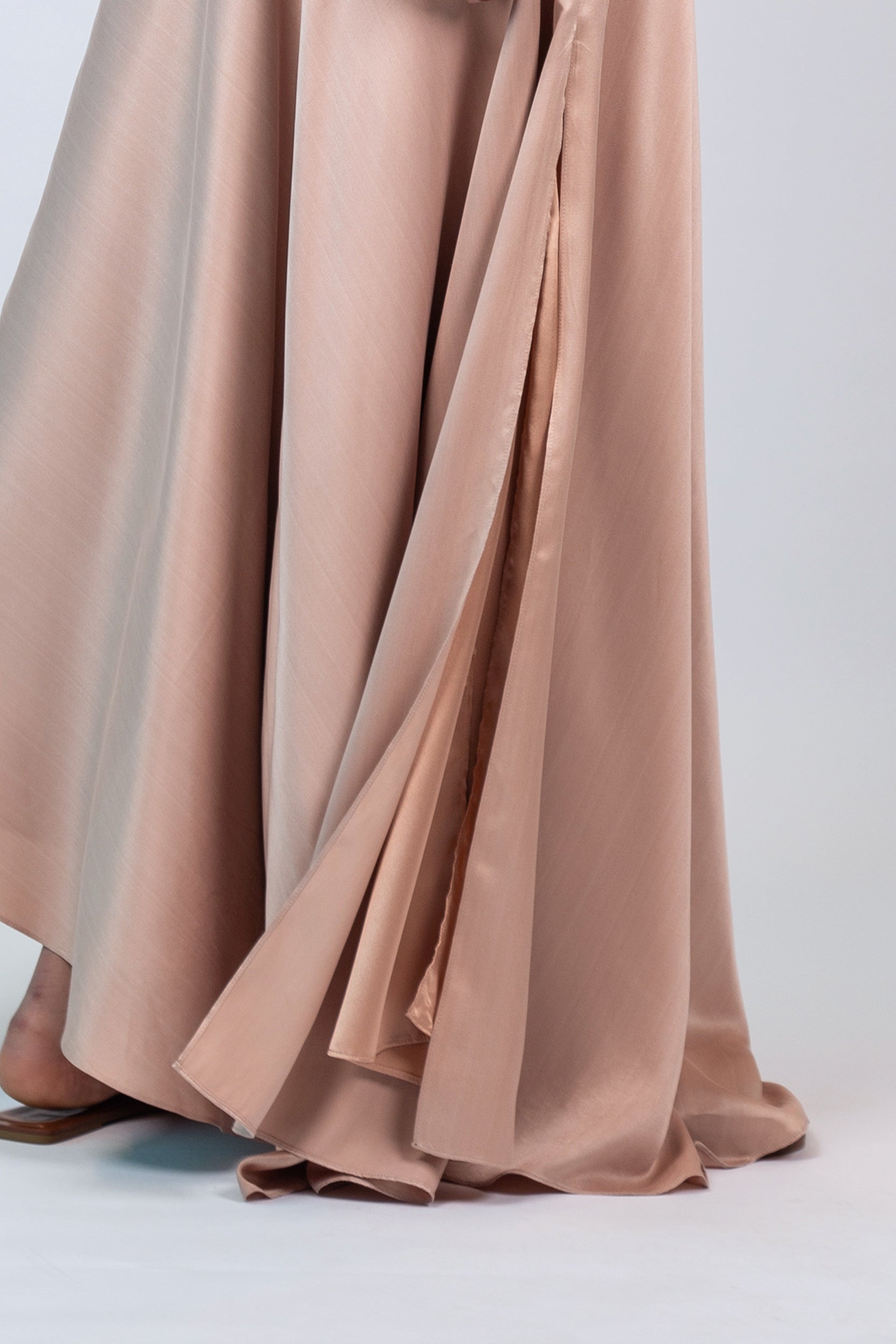 Mariani Skirt in Blush – Flowing asymmetrical silk maxi skirt with wide waistband.