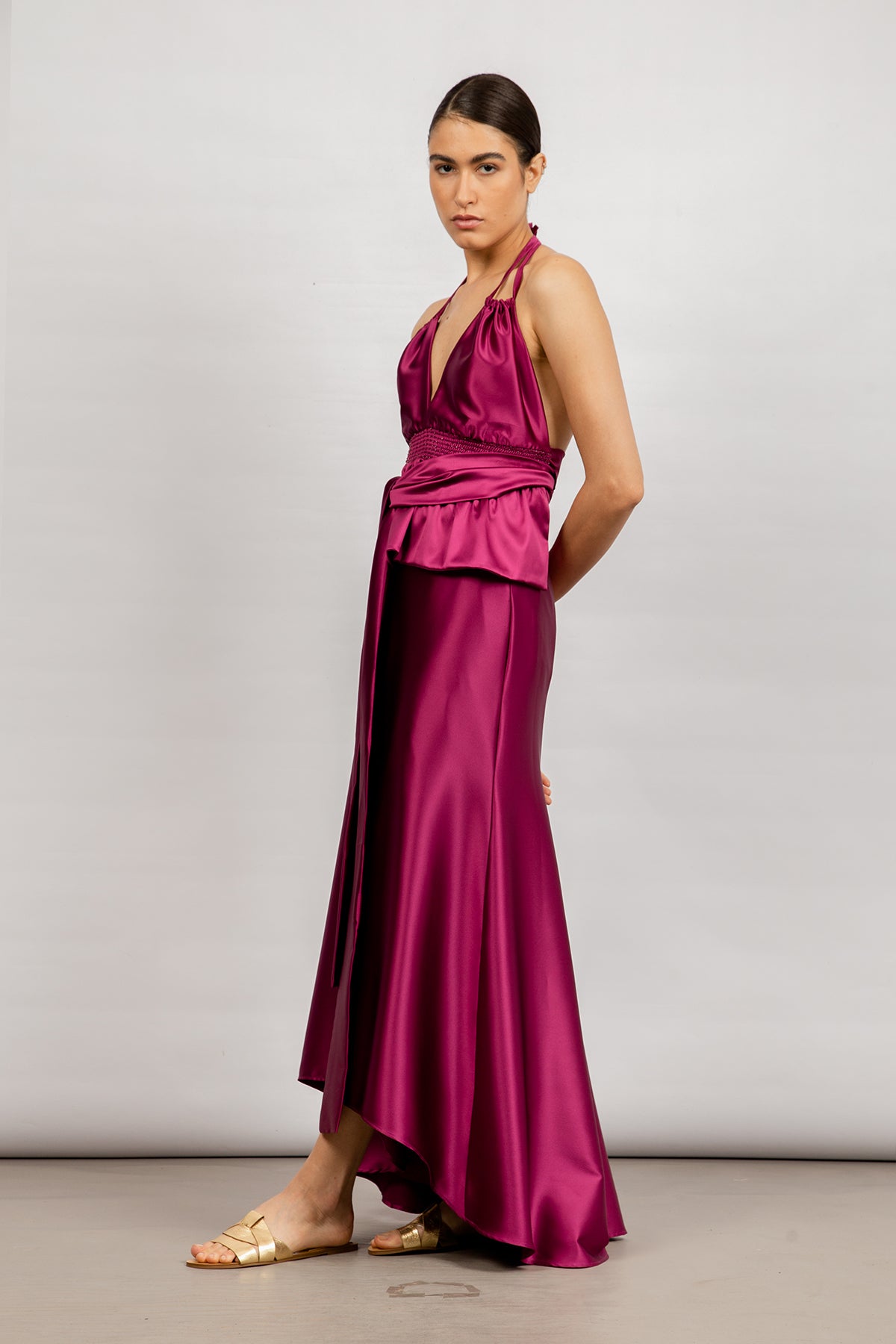 Mayela Skirt in Magenta - Chic Mermaid Asymmetrical Satin Skirt with Back Cut