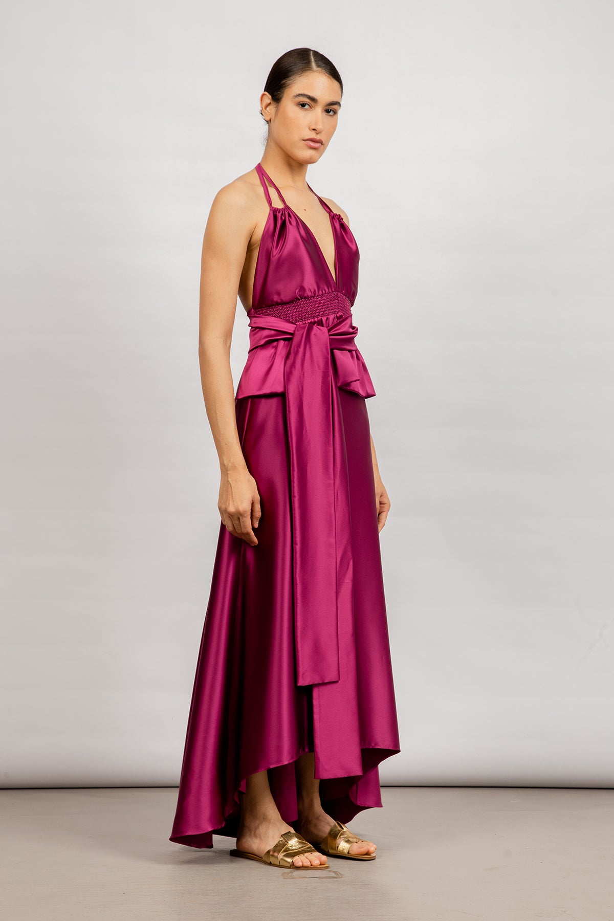 Mayela Skirt in Magenta - Chic Mermaid Asymmetrical Satin Skirt with Back Cut