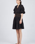 Mercy Cotton Mini Dress with pleated ruffled skirt and elasticated belt in blue and black