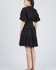 Mercy Cotton Mini Dress with pleated ruffled skirt and elasticated belt in blue and black