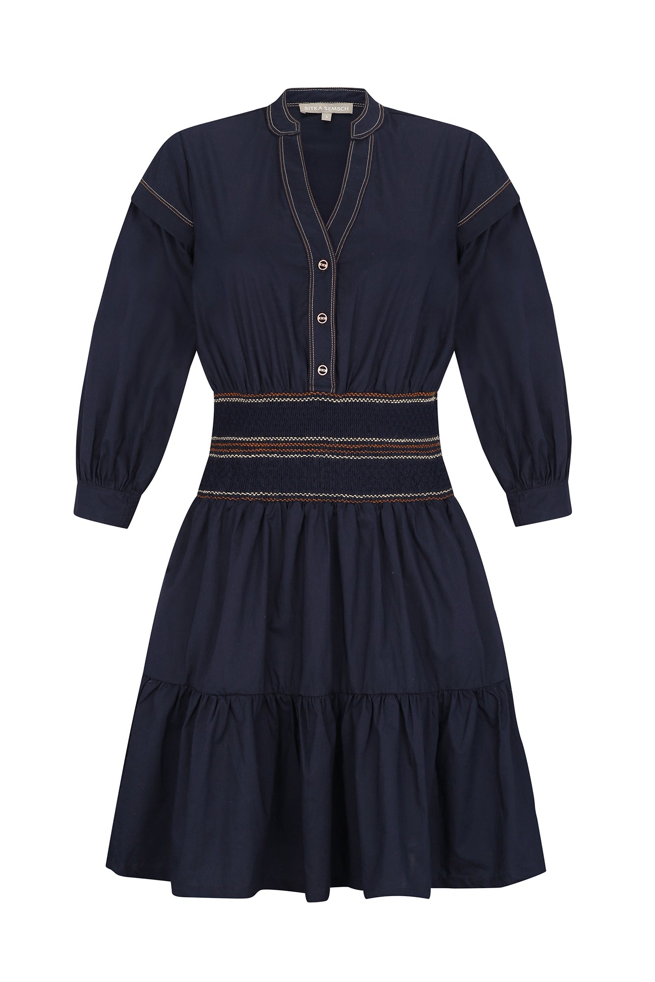 Mercy Cotton Mini Dress with pleated ruffled skirt and elasticated belt in blue and black