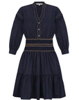 Mercy Cotton Mini Dress with pleated ruffled skirt and elasticated belt in blue and black