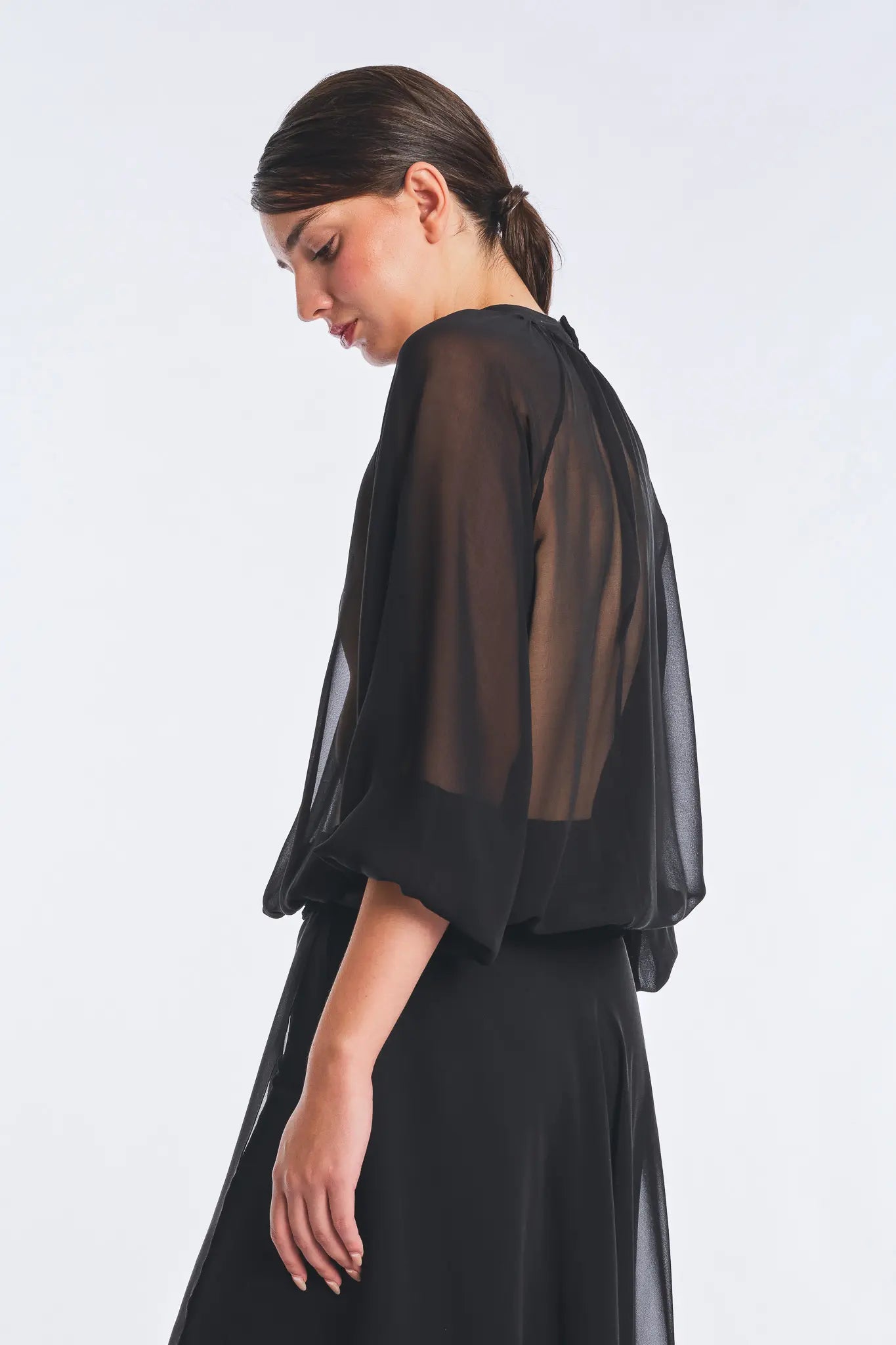 deres デレス　sheer high neck dual blouse Monica Sheer Silk Blouse with High Neck in Black | Sitka Semsch