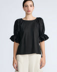 Nery Top in Black – Cotton knit top with short balloon sleeves, round neckline, and soft jersey-pima poplin mix.