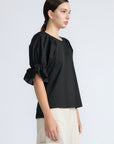 Nery Top in Black – Cotton knit top with short balloon sleeves, round neckline, and soft jersey-pima poplin mix.
