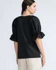 Nery Top in Black – Cotton knit top with short balloon sleeves, round neckline, and soft jersey-pima poplin mix.