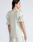 Nery Top in Silver – Cotton knit top with short balloon sleeves, round neckline, and soft jersey-pima poplin mix.